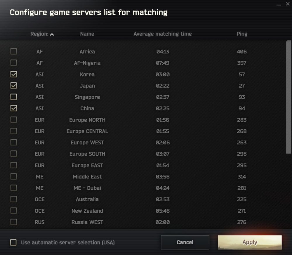 好きなサーバーにチェックを入れて"Apply"をクリック